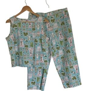 Joanne Scott Womens 2 Piece Crop‎ Pant Tank Set Size 14 Coquette Girly Novelty